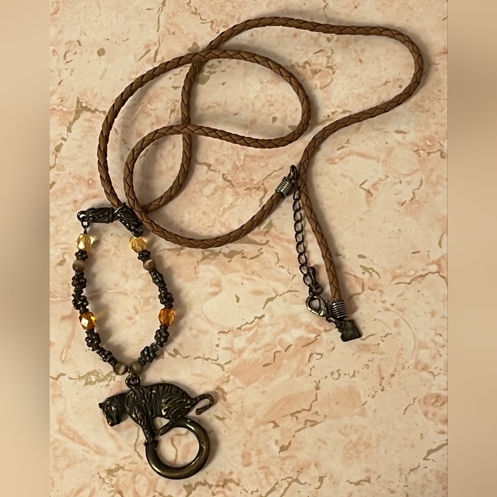 Tiger Pendant Necklace with Braided Cord